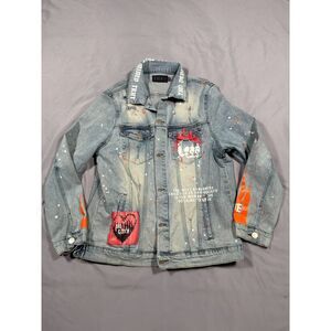 THRT Denim Graphic Distressed Trucker Jacket Mens 2XL Paint Splatter Streetwear